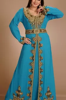Turqoise Zari Work Stones & Beads Embellish Georgette  Islamic Style Arabian Maxi Partywear Kaftan