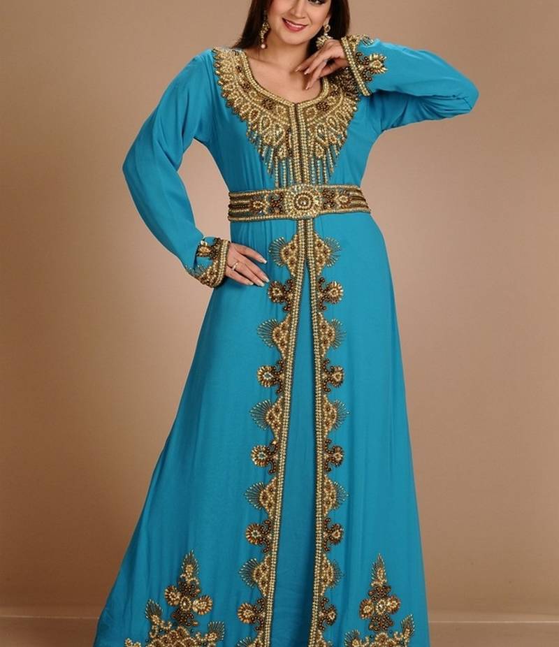 Turqoise Zari Work Stones & Beads Embellish Georgette  Islamic Style Arabian Maxi Partywear Kaftan