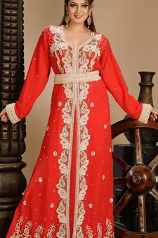 Red Zari Work Stones & Beads Embellish Georgette  Islamic Style Arabian Maxi Partywear Kaftan