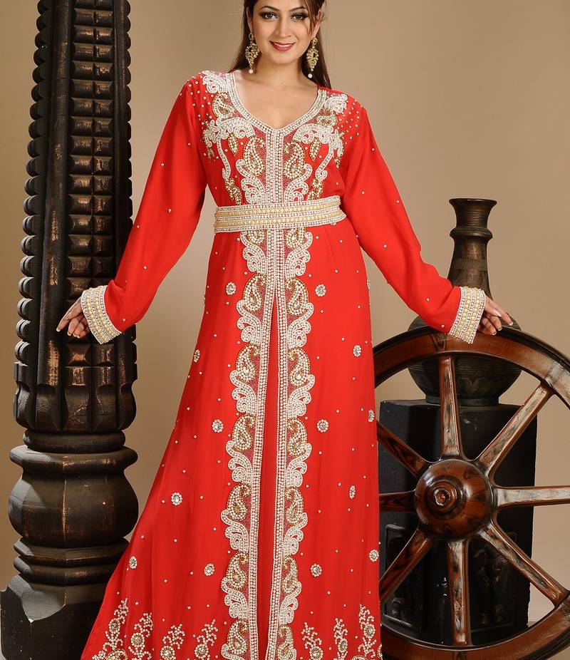 Red Zari Work Stones & Beads Embellish Georgette  Islamic Style Arabian Maxi Partywear Kaftan