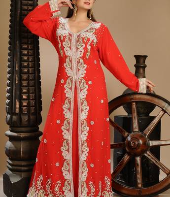 Red Zari Work Stones & Beads Embellish Georgette  Islamic Style Arabian Maxi Partywear Kaftan 4