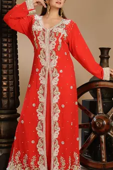 Red Zari Work Stones & Beads Embellish Georgette  Islamic Style Arabian Maxi Partywear Kaftan