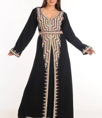 Black Zari Work Stones & Beads Embellish Georgette  Islamic Style Arabian Maxi Partywear Kaftan 2