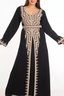 Black Zari Work Stones & Beads Embellish Georgette  Islamic Style Arabian Maxi Partywear Kaftan