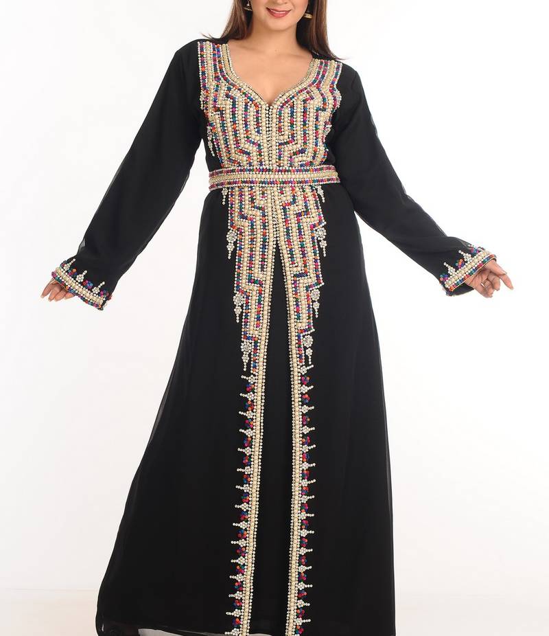 Black Zari Work Stones & Beads Embellish Georgette  Islamic Style Arabian Maxi Partywear Kaftan