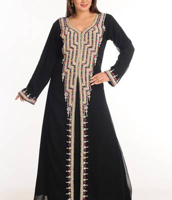 Black Zari Work Stones & Beads Embellish Georgette  Islamic Style Arabian Maxi Partywear Kaftan 3