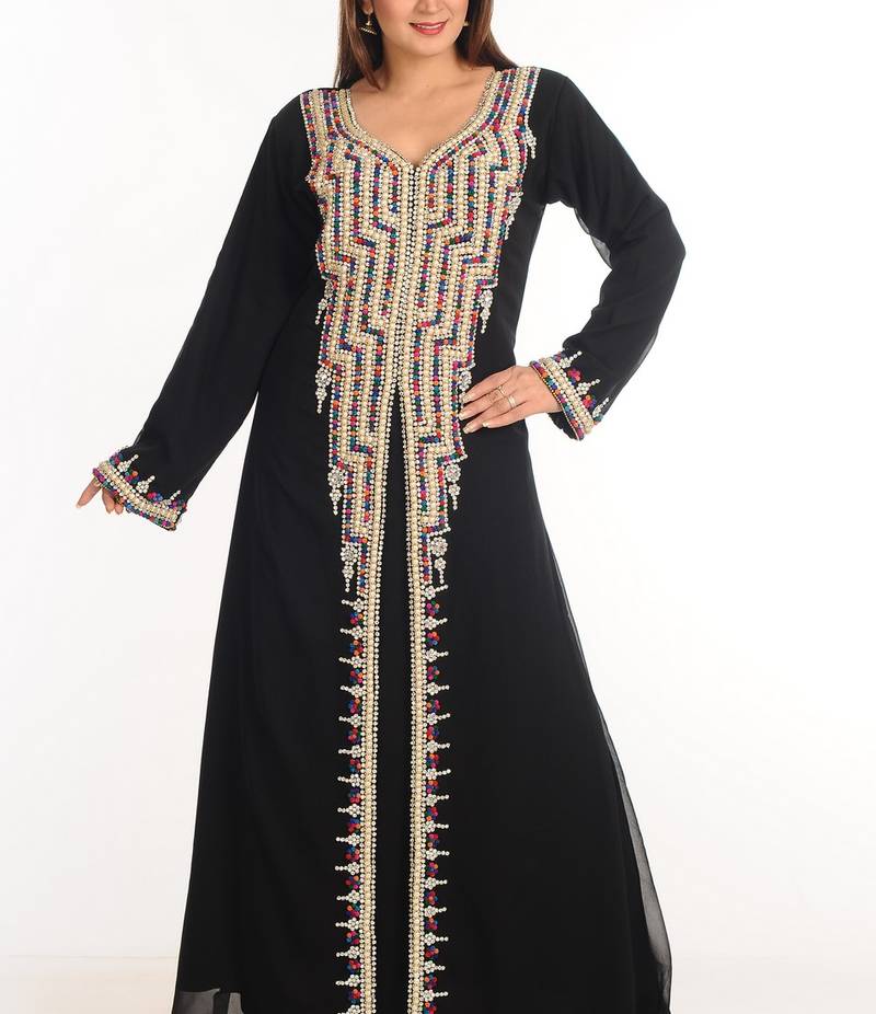 Black Zari Work Stones & Beads Embellish Georgette  Islamic Style Arabian Maxi Partywear Kaftan
