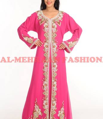 Pink Zari Work Stones & Beads Embellish Georgette  Islamic Style Arabian Maxi Partywear Kaftan 3
