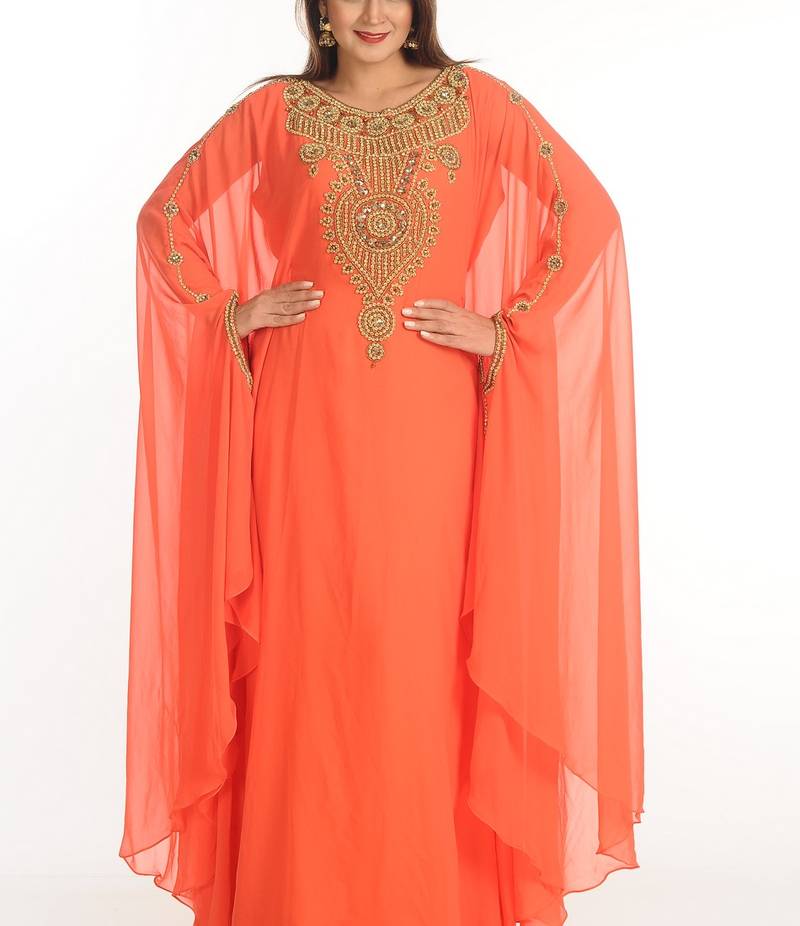 Red Zari Work Georgette Islamic Style Party Wear Stones And Beads Embedded Arabian Kaftan