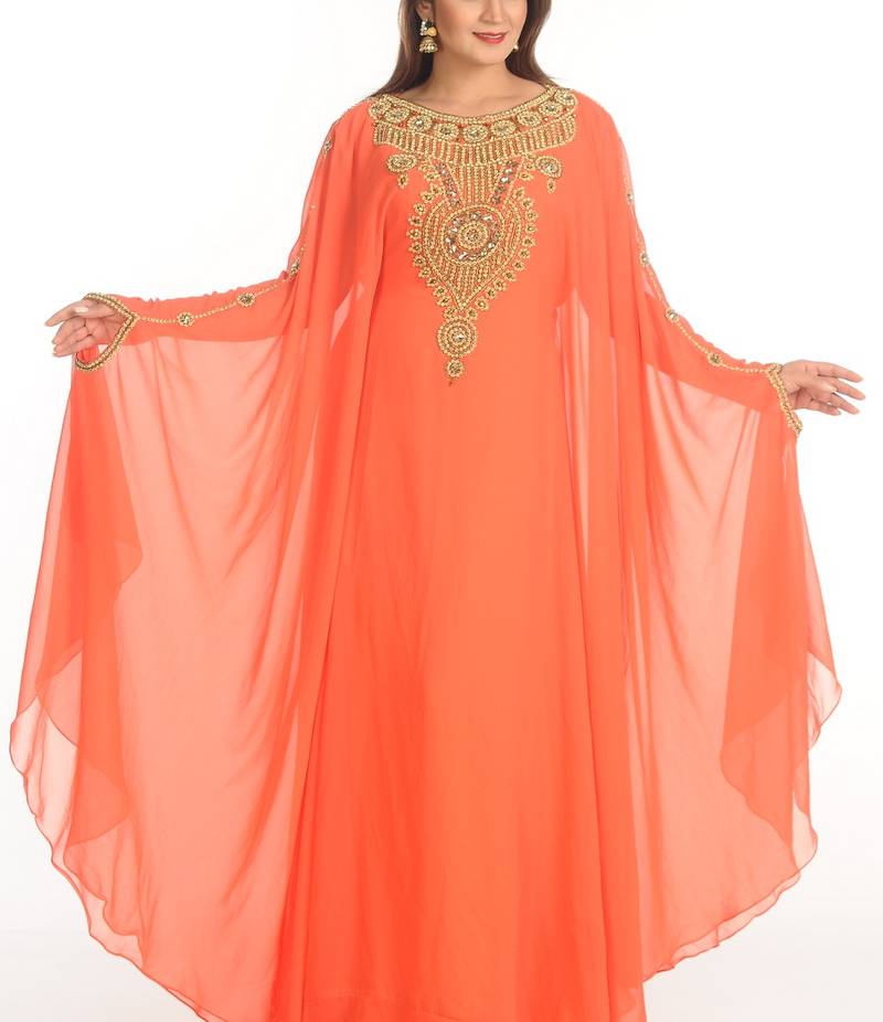 Red Zari Work Georgette Islamic Style Party Wear Stones And Beads Embedded Arabian Kaftan