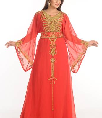 Red Zari Work Georgette Islamic Style Party Wear Stones And Beads Embedded Arabian Kaftan 3