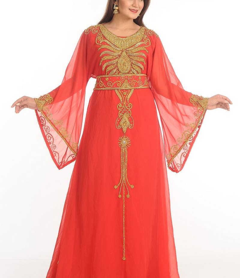 Red Zari Work Georgette Islamic Style Party Wear Stones And Beads Embedded Arabian Kaftan