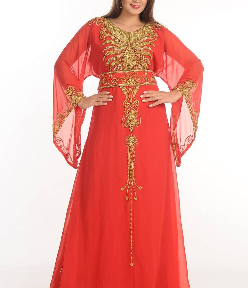 Red Zari Work Georgette Islamic Style Party Wear Stones And Beads Embedded Arabian Kaftan