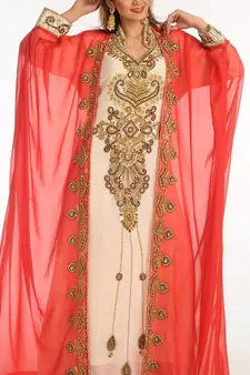 Multicolor Zari Work Georgette Islamic Style Party Wear Stones And Beads Embedded Arabian Kaftan