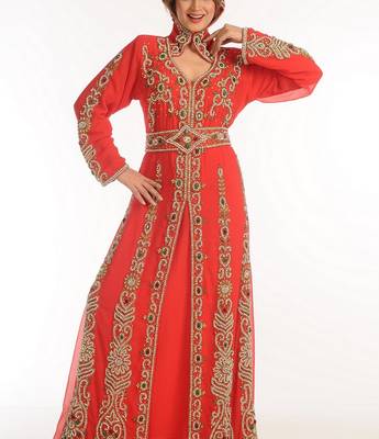Red Zari Work Georgette Islamic Style Party Wear Stones And Beads Embedded Arabian Kaftan 2
