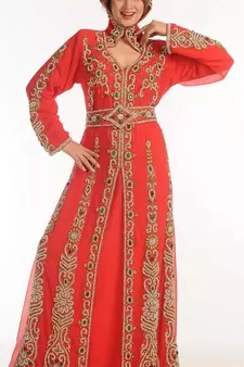 Red Zari Work Georgette Islamic Style Party Wear Stones And Beads Embedded Arabian Kaftan
