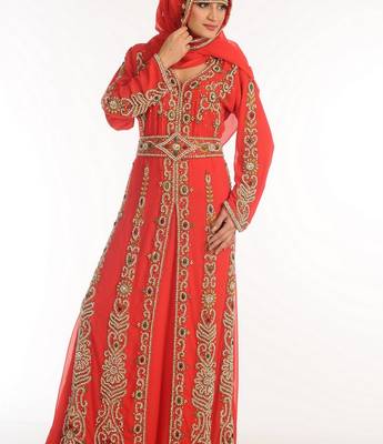 Red Zari Work Georgette Islamic Style Party Wear Stones And Beads Embedded Arabian Kaftan 3