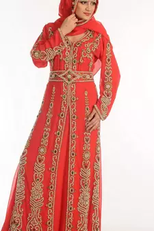 Red Zari Work Georgette Islamic Style Party Wear Stones And Beads Embedded Arabian Kaftan