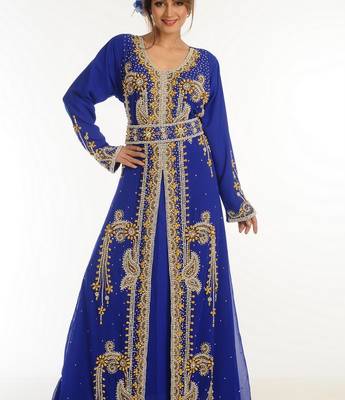 Blue Zari Work Georgette Islamic Style Party Wear Stones And Beads Embedded Arabian Kaftan 2