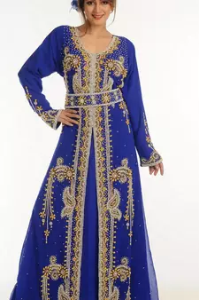 Blue Zari Work Georgette Islamic Style Party Wear Stones And Beads Embedded Arabian Kaftan