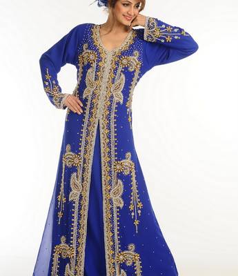 Blue Zari Work Georgette Islamic Style Party Wear Stones And Beads Embedded Arabian Kaftan 3