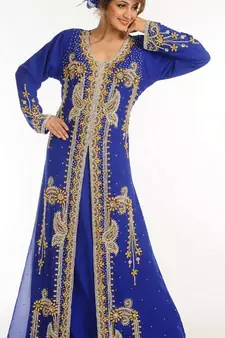 Blue Zari Work Georgette Islamic Style Party Wear Stones And Beads Embedded Arabian Kaftan