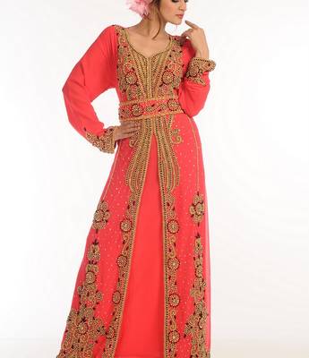 Red Zari Work Georgette Islamic Style Party Wear Stones And Beads Embedded Arabian Kaftan 2