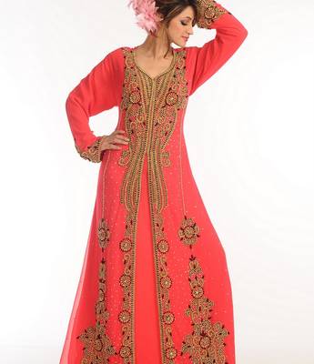 Red Zari Work Georgette Islamic Style Party Wear Stones And Beads Embedded Arabian Kaftan 3