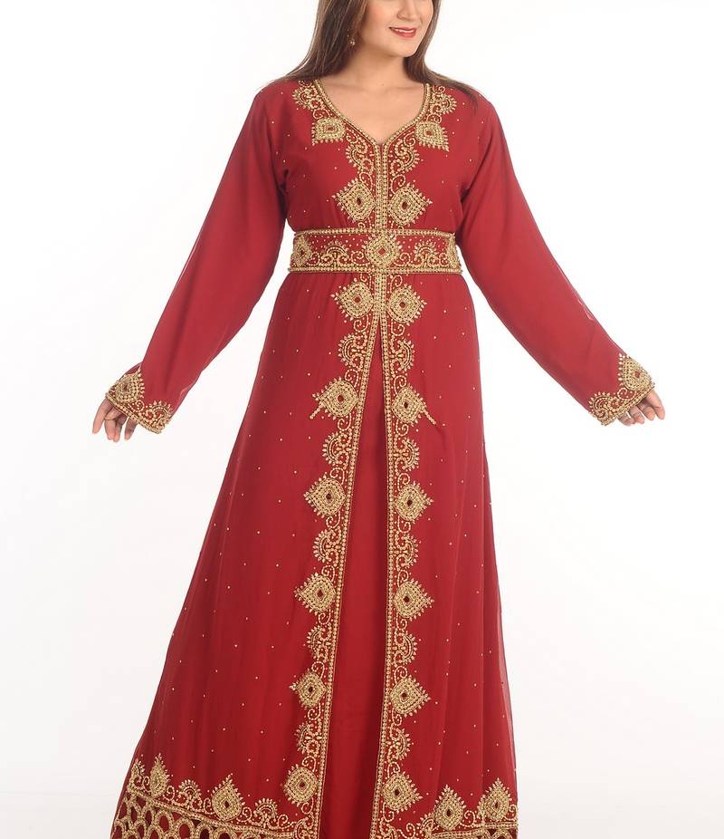 Maroon Zari Work Georgette Islamic Style Party Wear Stones And Beads Embedded Arabian Kaftan