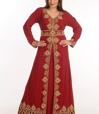 Maroon Zari Work Georgette Islamic Style Party Wear Stones And Beads Embedded Arabian Kaftan 4