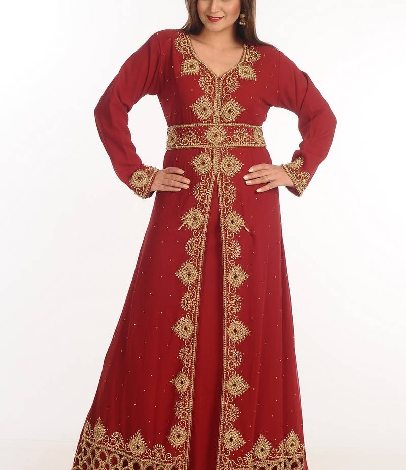 Maroon Zari Work Georgette Islamic Style Party Wear Stones And Beads Embedded Arabian Kaftan