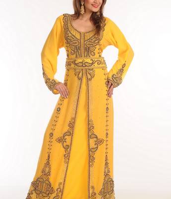 Yellow Zari Work Georgette Islamic Style Party Wear Stones And Beads Embedded Arabian Kaftan 2