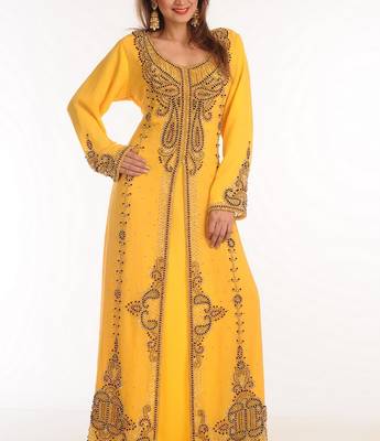 Yellow Zari Work Georgette Islamic Style Party Wear Stones And Beads Embedded Arabian Kaftan 3