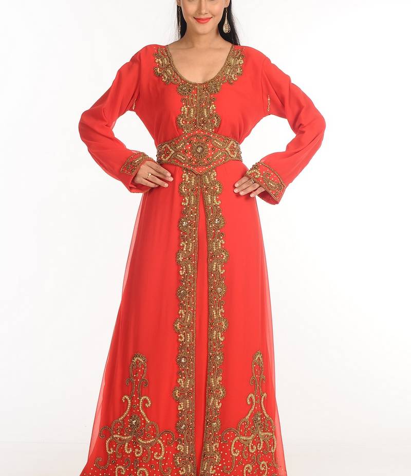 Red Zari Work Stones & Beads Embellish Georgette  Islamic Style Arabian Maxi Partywear Kaftan