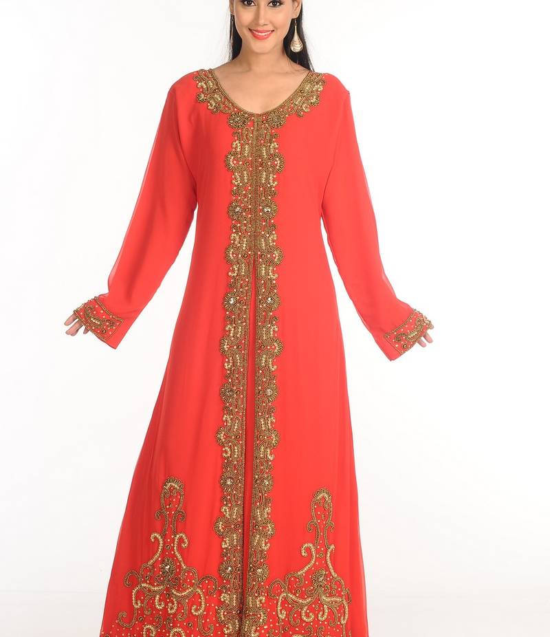 Red Zari Work Stones & Beads Embellish Georgette  Islamic Style Arabian Maxi Partywear Kaftan