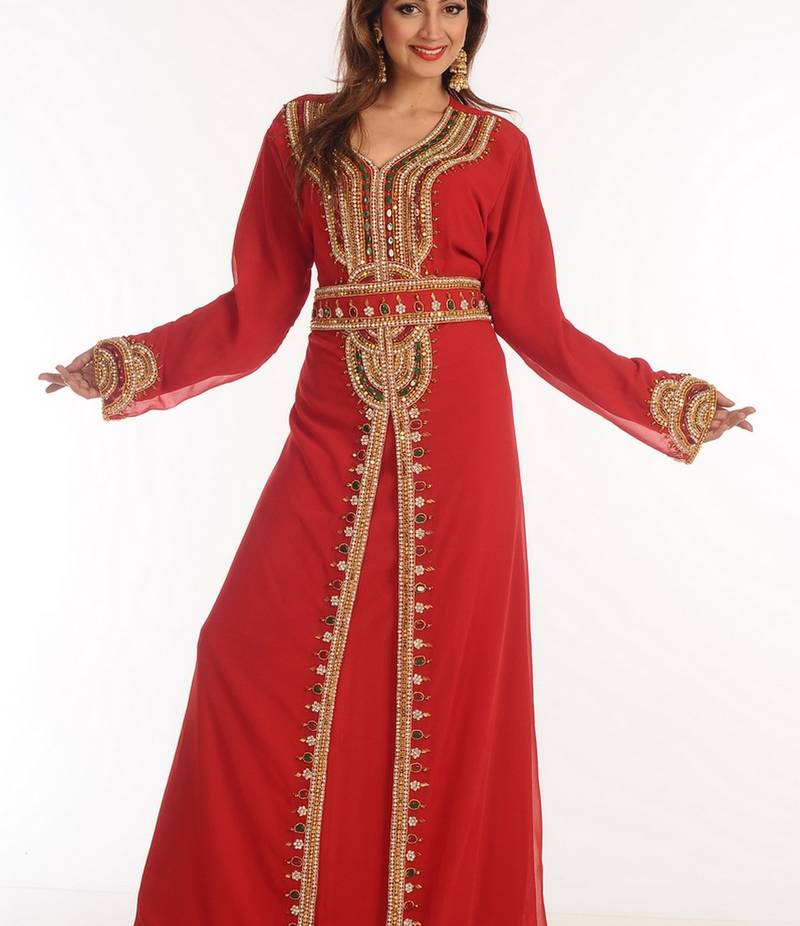 Maroon Zari Work Georgette Islamic Style Party Wear Stones And Beads Embedded Arabian Kaftan