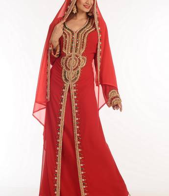 Maroon Zari Work Georgette Islamic Style Party Wear Stones And Beads Embedded Arabian Kaftan 3
