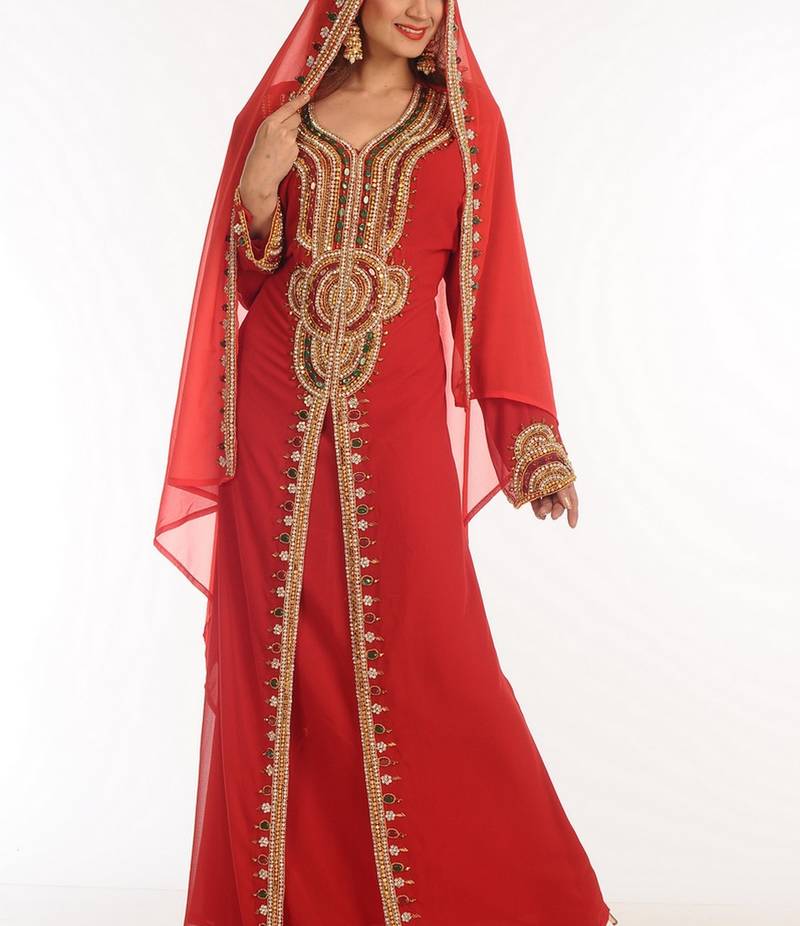 Maroon Zari Work Georgette Islamic Style Party Wear Stones And Beads Embedded Arabian Kaftan