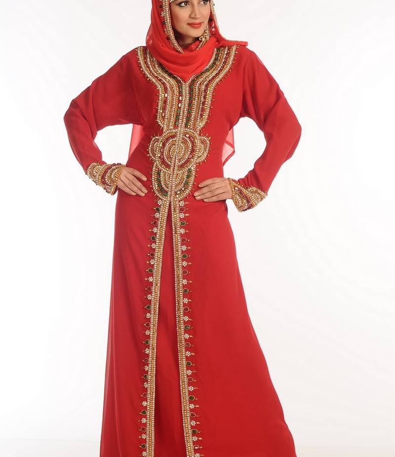 Maroon Zari Work Georgette Islamic Style Party Wear Stones And Beads Embedded Arabian Kaftan