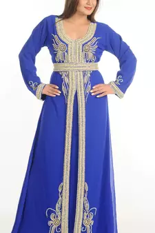 Blue Zari Work Georgette Islamic Style Party Wear Stones And Beads Embedded Arabian Kaftan