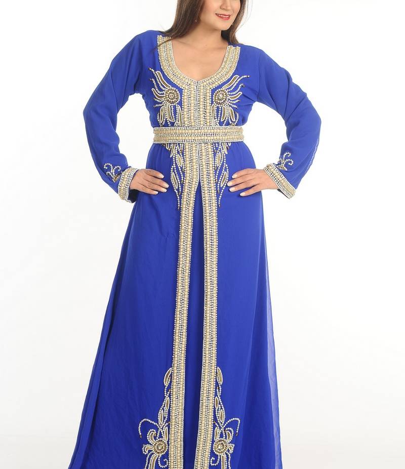 Blue Zari Work Georgette Islamic Style Party Wear Stones And Beads Embedded Arabian Kaftan