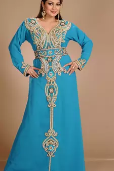 Turqoise Zari Work Stones & Beads Embellish Georgette  Islamic Style Arabian Maxi Partywear Kaftan