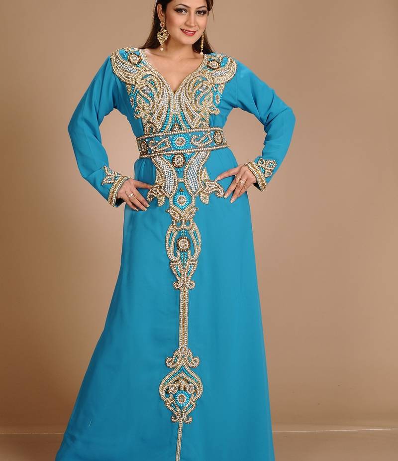 Turqoise Zari Work Stones & Beads Embellish Georgette  Islamic Style Arabian Maxi Partywear Kaftan