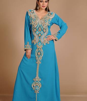 Turqoise Zari Work Stones & Beads Embellish Georgette  Islamic Style Arabian Maxi Partywear Kaftan 3
