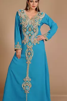 Turqoise Zari Work Stones & Beads Embellish Georgette  Islamic Style Arabian Maxi Partywear Kaftan
