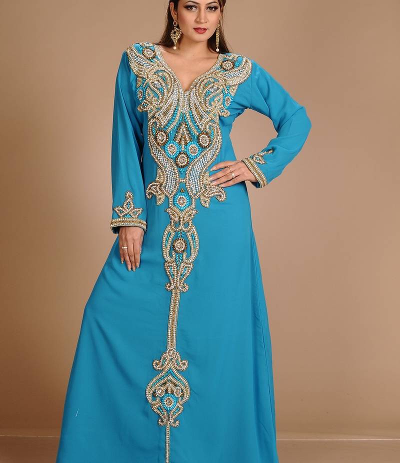Turqoise Zari Work Stones & Beads Embellish Georgette  Islamic Style Arabian Maxi Partywear Kaftan