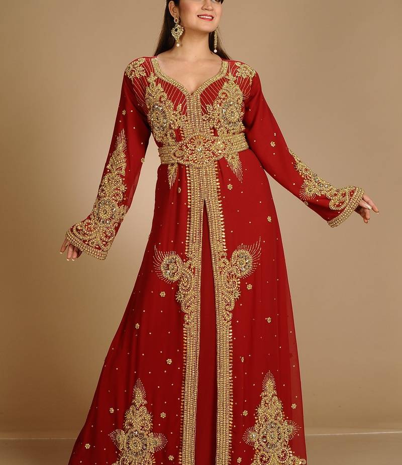 Red Georgette Stones and Crystals Kaftan