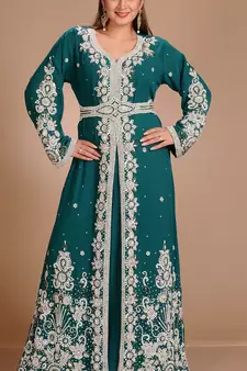 Green Zari Work Stones & Beads Embellish Georgette  Islamic Style Arabian Maxi Partywear Kaftan