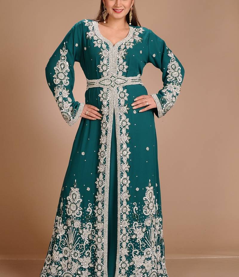 Green Zari Work Stones & Beads Embellish Georgette  Islamic Style Arabian Maxi Partywear Kaftan