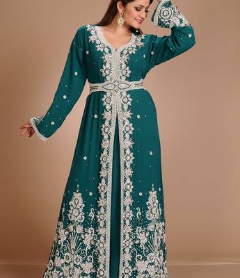 Green Zari Work Stones & Beads Embellish Georgette  Islamic Style Arabian Maxi Partywear Kaftan 3